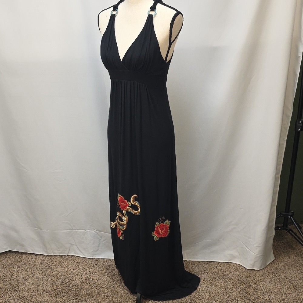 Soul Revival Black Maxi Dress with Red Floral Accents